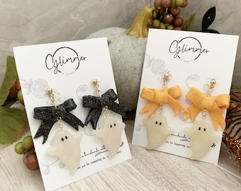 Handmade Ghost Dangle Earrings | Polymer Clay, Halloween Bow
