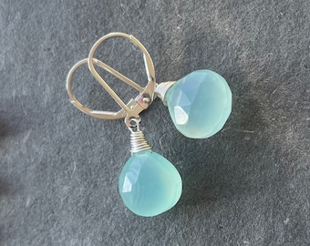 Aqua Chalcedony Dangle Leverback Earrings, Teenies, Gemstone earrings
