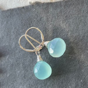 Aqua Chalcedony Dangle Leverback Earrings, Teenies, Gemstone earrings