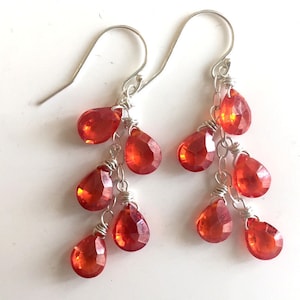 May include: A pair of dangle earrings with a silver wire and multiple teardrop-shaped red gemstones.