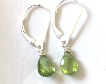 Natural Peridot Earrings, faceted leverback lever back sterling silver, small birthstone earrings