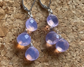 Lavender Opalite Quartz Leverback Earrings, Heart Cut, faceted, Lavender Moon Quartz look