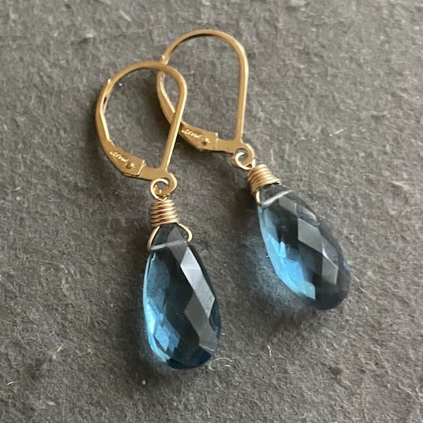 London Blue Quartz Dangle Earrings, Gold Filled Leverback, Almond Cut