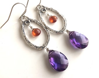 Kunzite and Garnet Textured Sterling silver Hoop Earrings, Leverback earrings, Gemstone earrings, purple earrings, Fall Sunset Hoops