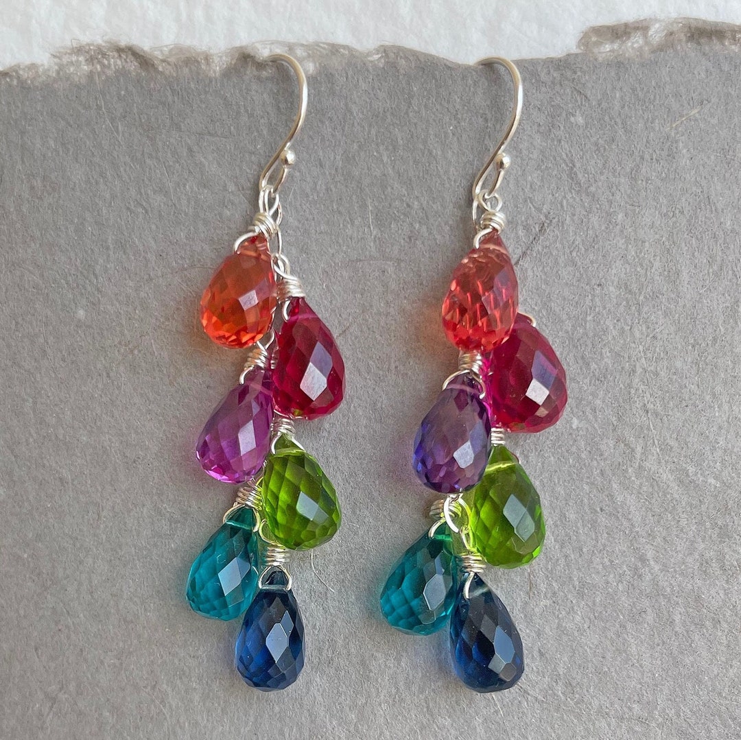 Jewel Tone Rainbow Earrings, Multi Color Quartz Teardrop Earrings ...
