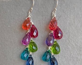 Jewel Tone Rainbow earrings, Multi color quartz teardrop earrings, gemstone earring, SEE VIDEO, multicolor earring, Gift Idea