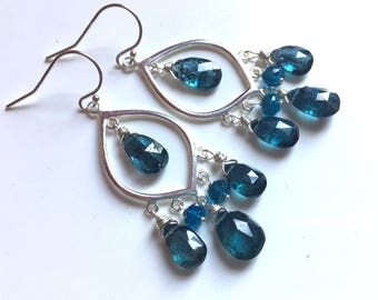 Kyanite Chandelier Dangle Earrings, Sterling Marquis, Pear Cut Kyanite and apatite, Style: Captivating, Christmas gift