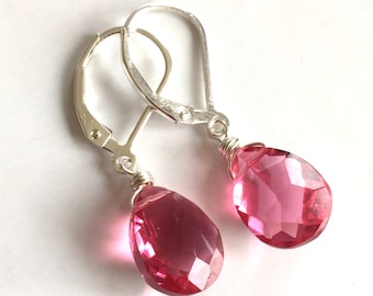 Sapphire Bubblegum Pink quartz earrings, Lever back and metal options, dangle earrings, pear cut, bright pink, quartz earrings, gemstone