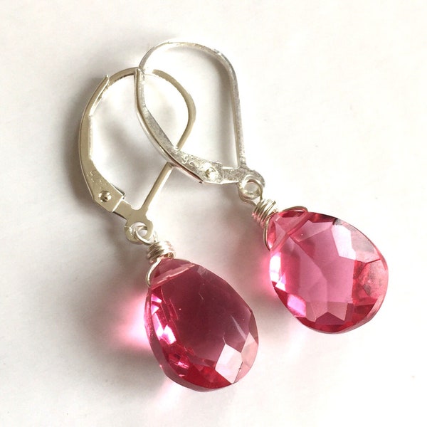 Sapphire Bubblegum Pink quartz earrings, Lever back and metal options, dangle earrings, pear cut, bright pink, quartz earrings, gemstone