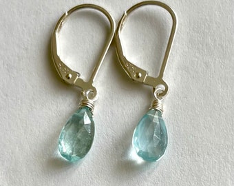 Aquamarine Single Drop Earrings 9mm, March Birthstone, lever back earrings, sterling, natural gemstone, small earrings