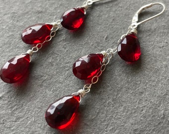 Garnet Red Pear Cut Quartz Earrings, leverback or French hook, Metal Options, Silver, Gold, Rose Gold, trio, great gift