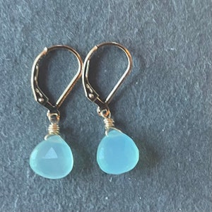 Aqua Chalcedony Leverback Earrings, sterling Silver, 14k gold filled or 14k rose gold filled, Leverback, vibrant blue