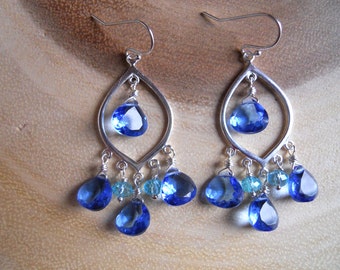 Tanzanite Blue Quartz Chandelier Earrings, Blue Quartz earrings, Sparkling Christmas Gift, Boho hoop, Gemstone Earrings