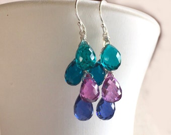 Quartz Cascade Earrings, rainbow earrings, blue colors, teardrop earrings, london blue, sapphire blue