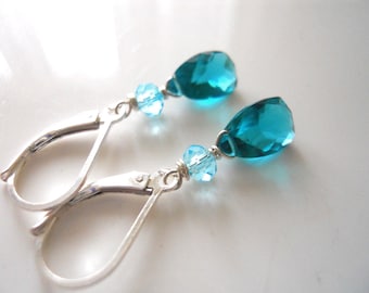 Paraiba Blue Pyramid earrings, teal zeal, quartz