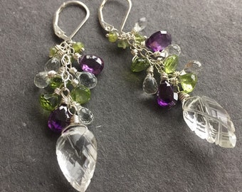 Carved leaf cluster leverback earrings, crystal, peridot, white topaz