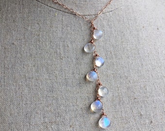 Rainbow Moonstone Cascade Necklace, 14k rose gold filled, 14k yellow gold filled, sterling silver, extender, y necklace