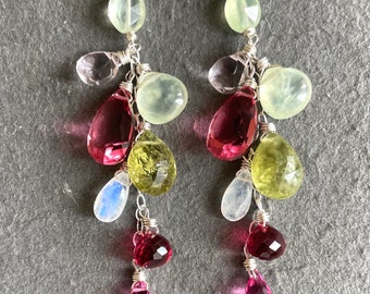 Watermelon Season Rainbow earrings, Multi color quartz and prehnite moonstone cluster earrings, gemstone earring, Gift Idea