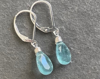 Aquamarine Single Drop Earrings, 12mm, March Birthstone, lever back earrings, sterling, natural gemstone