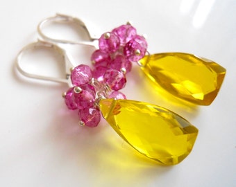 Bright Yellow Lemon Earrings, Raspberry Lemonade Pyramid Cut Earrings, quartz, lever back earrings option, gemstone earrings