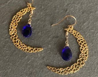 Crescent Moon Gemstone earrings, 18k gold vermeil, sapphire blue quartz, high quality gift for her