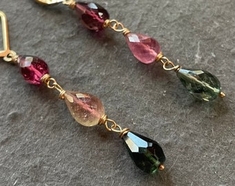 Watermelon Tourmaline Teardrop Dangle earrings, OOAK