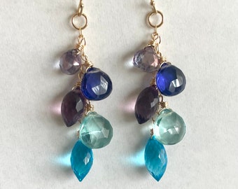 Rainy Day Sapphire Hues Cascade Earrings, faceted quartz gemstone earrings