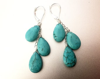 Trio Turquoise Dangle earrings, leverback and 3 metal option