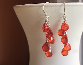 Fire Opal orange red CZ Cascade Earrings, leverback option, quick ship, handmade earrings