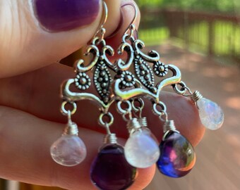 You must be royalty, Alexandrite and rainbow moonstone Color Change Chandelier Earrings