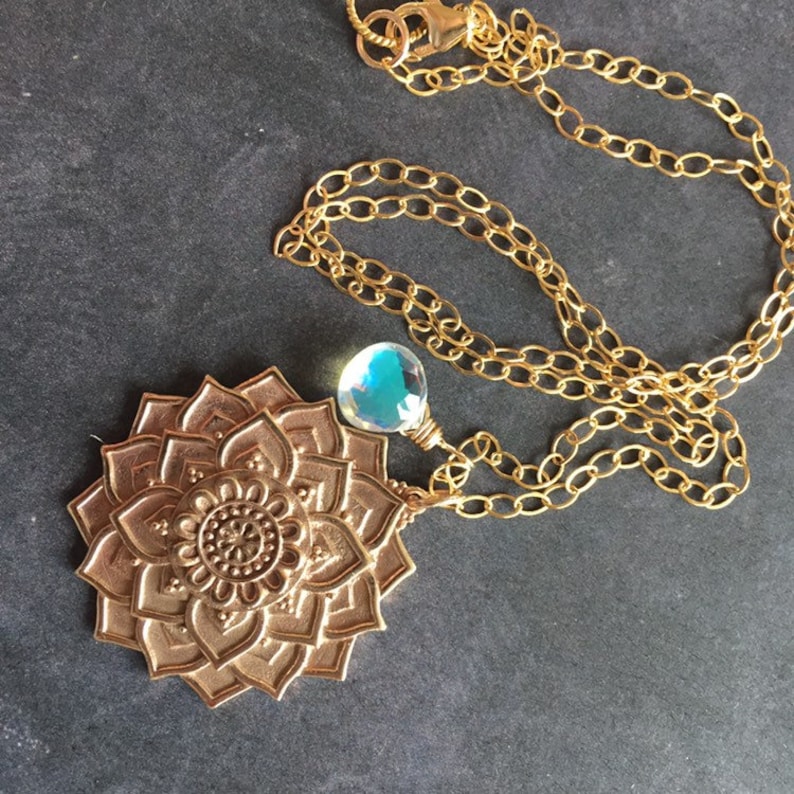 Golden Mandala Necklace with Seafoam Fire Opal