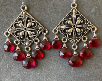 Cranberry quartz filigree earrings, silver chandelier, handmade