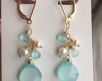 Sexy Aqua Chalcedony and pearl cluster earrings, Pearl earrings, gemstone earrings, I've got the Blues earrings