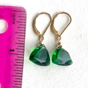 Emerald Green Trillion Earrings, Trillionaire Earrings, Emerald Green Quartz, Leverback Earrings, Christmas earrings image 3