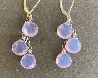 Lavender Glowing Quartz Trio Leverback Earrings, Heart Cut, faceted, Lavender Moon Quartz look