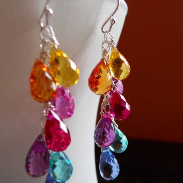 Rainbow cluster teardrop earrings, Dangle Earrings, Multi color quartz teardrop earrings,  Goody Goody Gumdrops, multicolor earrings, teardr