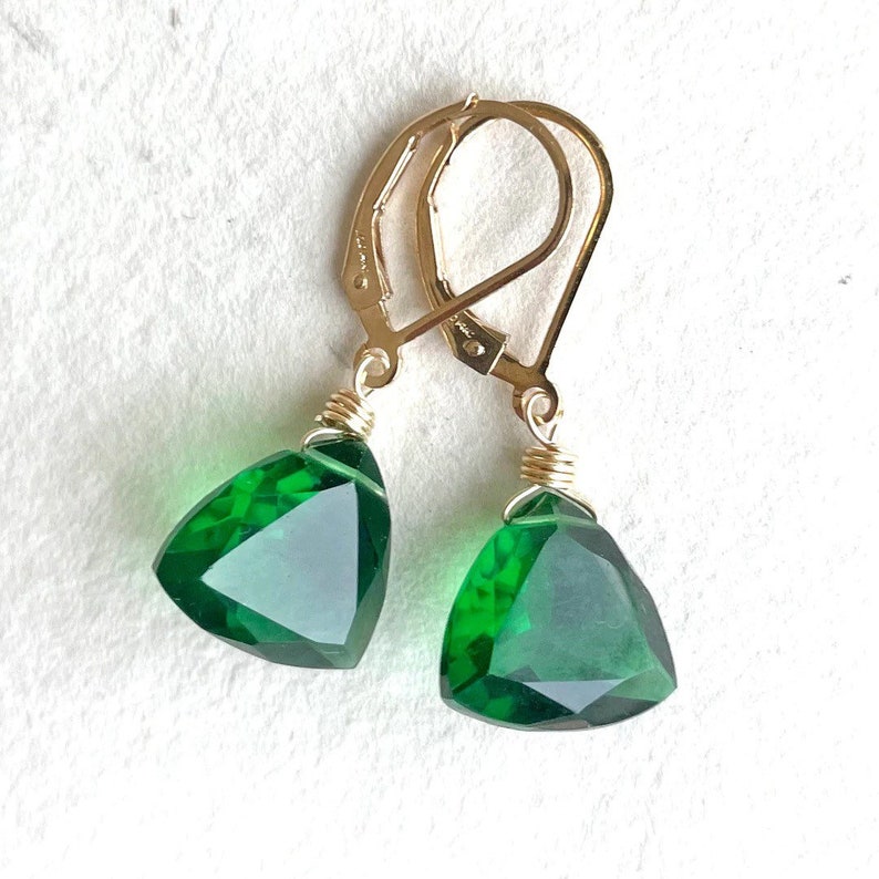 Emerald Green Trillion Earrings, Trillionaire Earrings, Emerald Green Quartz, Leverback Earrings, Christmas earrings image 1