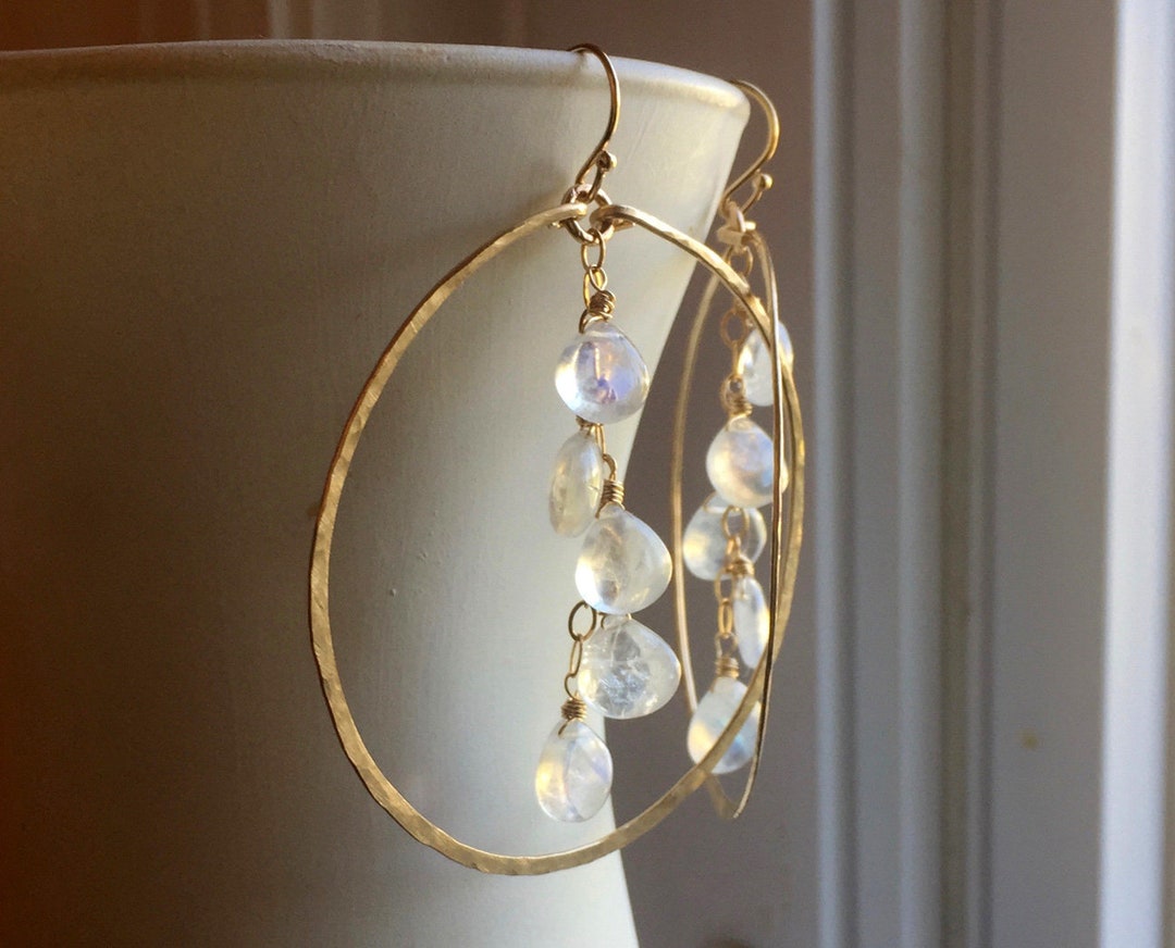 Hammered Hoop Earrings in Cascade Rainbow Moonstone and 14K Gold Filled ...