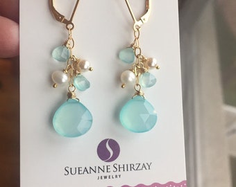 Peruvian Aqua Blue Chalcedony and pearl cluster earrings, silver or gold,  Pearl earrings, gemstone earrings, best gift