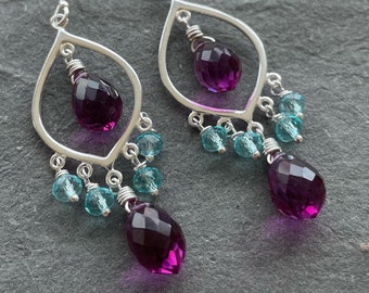 Magenta marquise sterling silver chandelier earrings, dewdrop quartz earrings