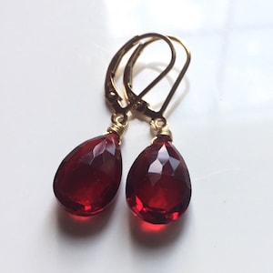 Garnet Red Pear Cut Quartz leverback or French wire earrings, Metal Options, Silver, Gold, Rose Gold, leverback, Viva magenta