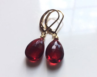 Garnet Red Pear Cut Quartz leverback or French wire earrings, Metal Options, Silver, Gold, Rose Gold, leverback, Viva magenta