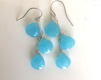Chalcedony Bright Blue Trio Dangle Earrings, sterling silver, gemstone earrings