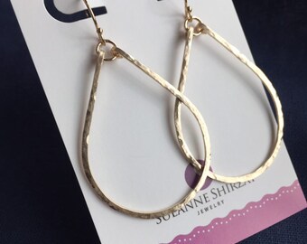 14K Gold Filled 1.5 inch Teardrop Hoop Earrings, Hammered