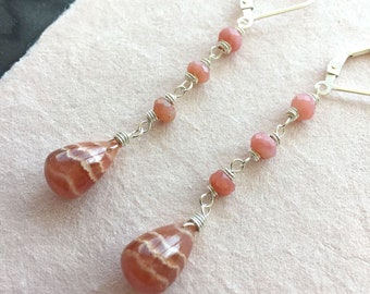 Rhodocrosite and pink opal dangle earrings, OOAK, gemstone earrings