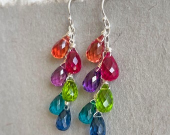 Sapphire Colored Rainbow earrings, Multi color quartz teardrop earrings, gemstone earring, SEE VIDEO, Gift Idea