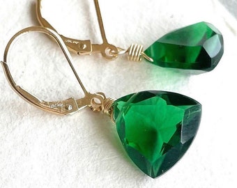 Emerald Green Earrings, trillion Earrings, Emerald Green Quartz, Leverback Earrings, birthstone, Christmas earrings