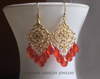 Fire Opal Orange Earrings, CZ, Padparadscha Paradise Chandelier Earrings, cubic zirconia