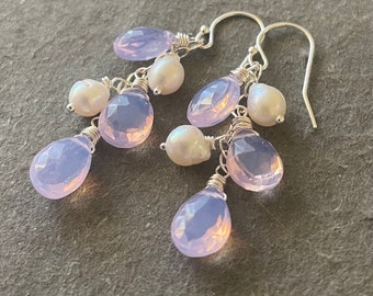 Lavender Opalite Quartz and Baroque Pearl Earrings, faceted, Moon Quartz scorolite look