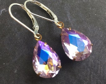 Lavender sparkle earrings, Violets in Springtime Dangles, Mixed Metals, Leverback earrings